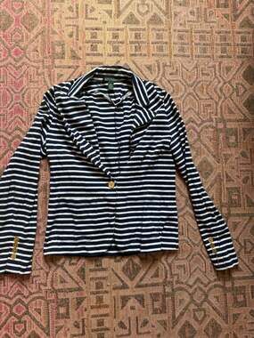 Lauren Ralph Lauren Navy Blue and White Striped Knit Blazer Size S